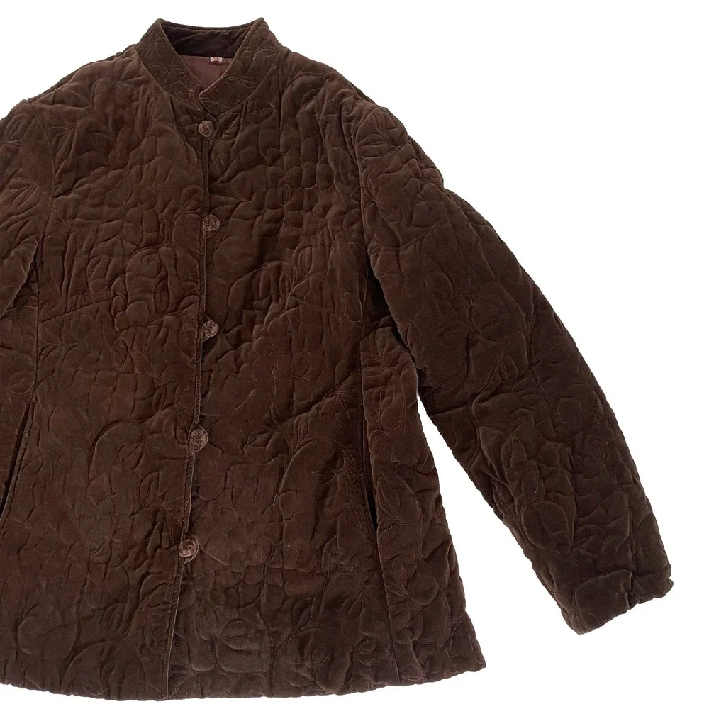 VTG Quilted Womens Quilted Velvet Jacket XL Chocolate Brown Lined Embroidered - Picture 2 of 12